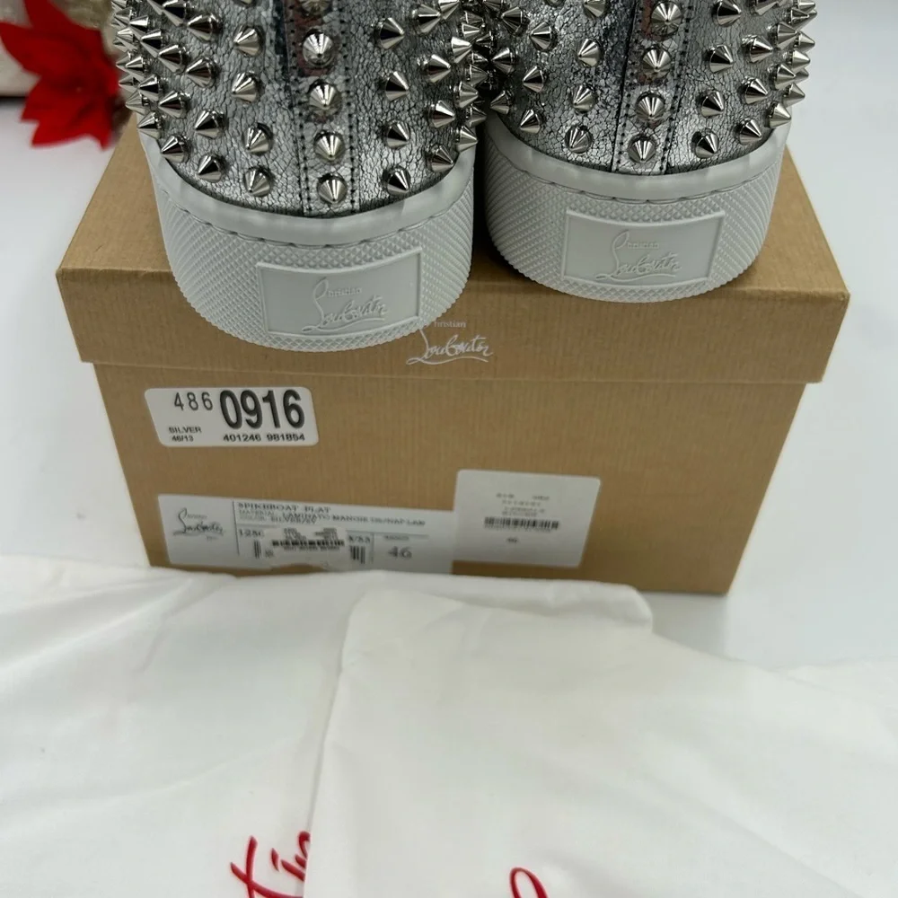 Men's Christian Louboutin roller boat, metallic silver spiked sneakers size 46